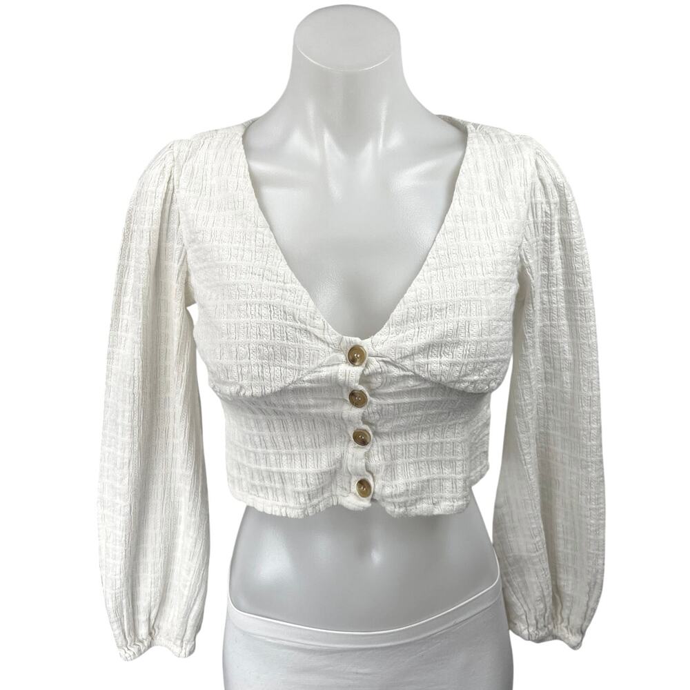 Line & Dot Fall For You White Long Puff Sleeve V-neck Button Crop Blouse Top XS